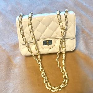 Cream white quilted single flap dual chain bag